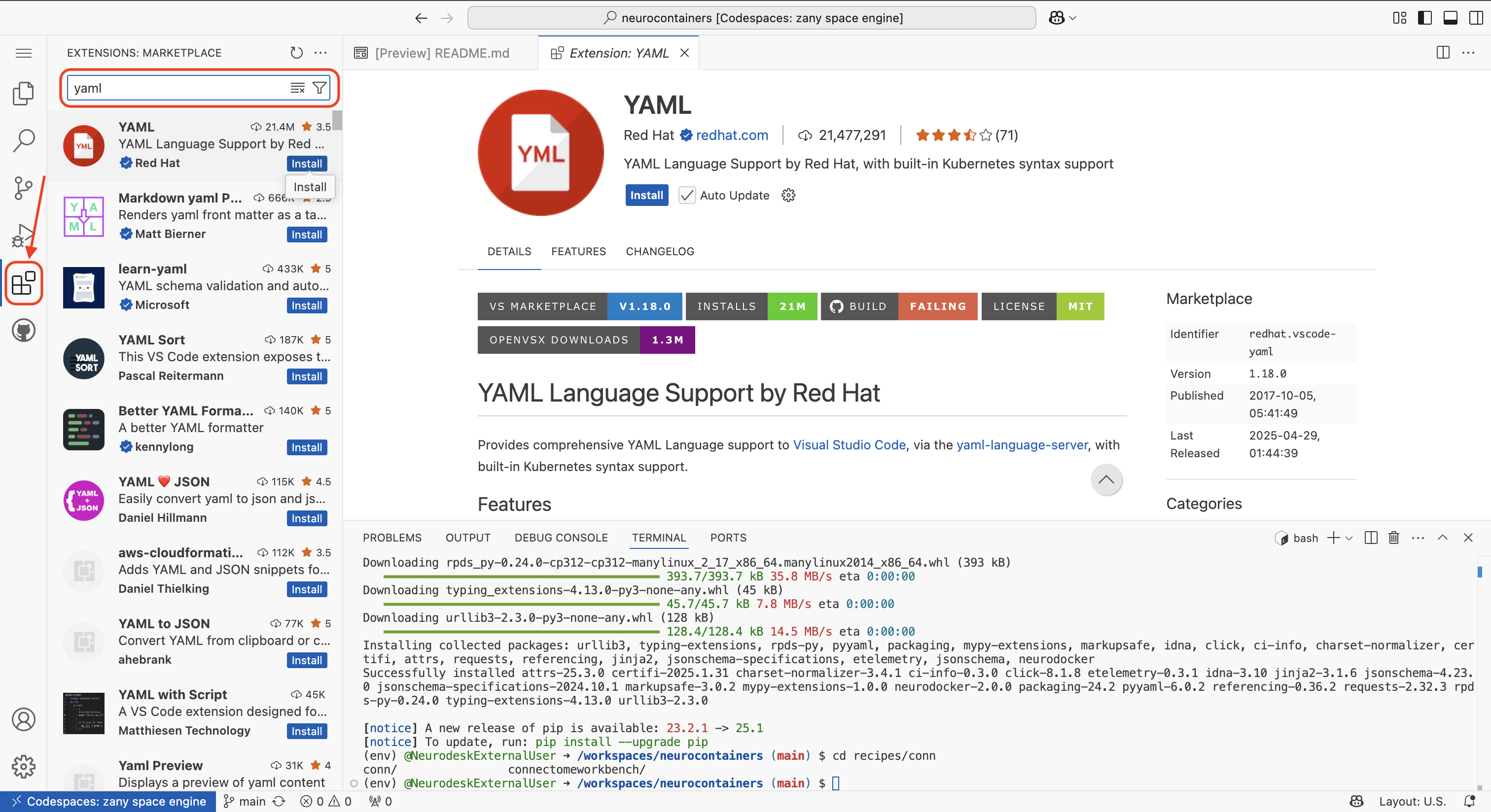 Install YAML extension