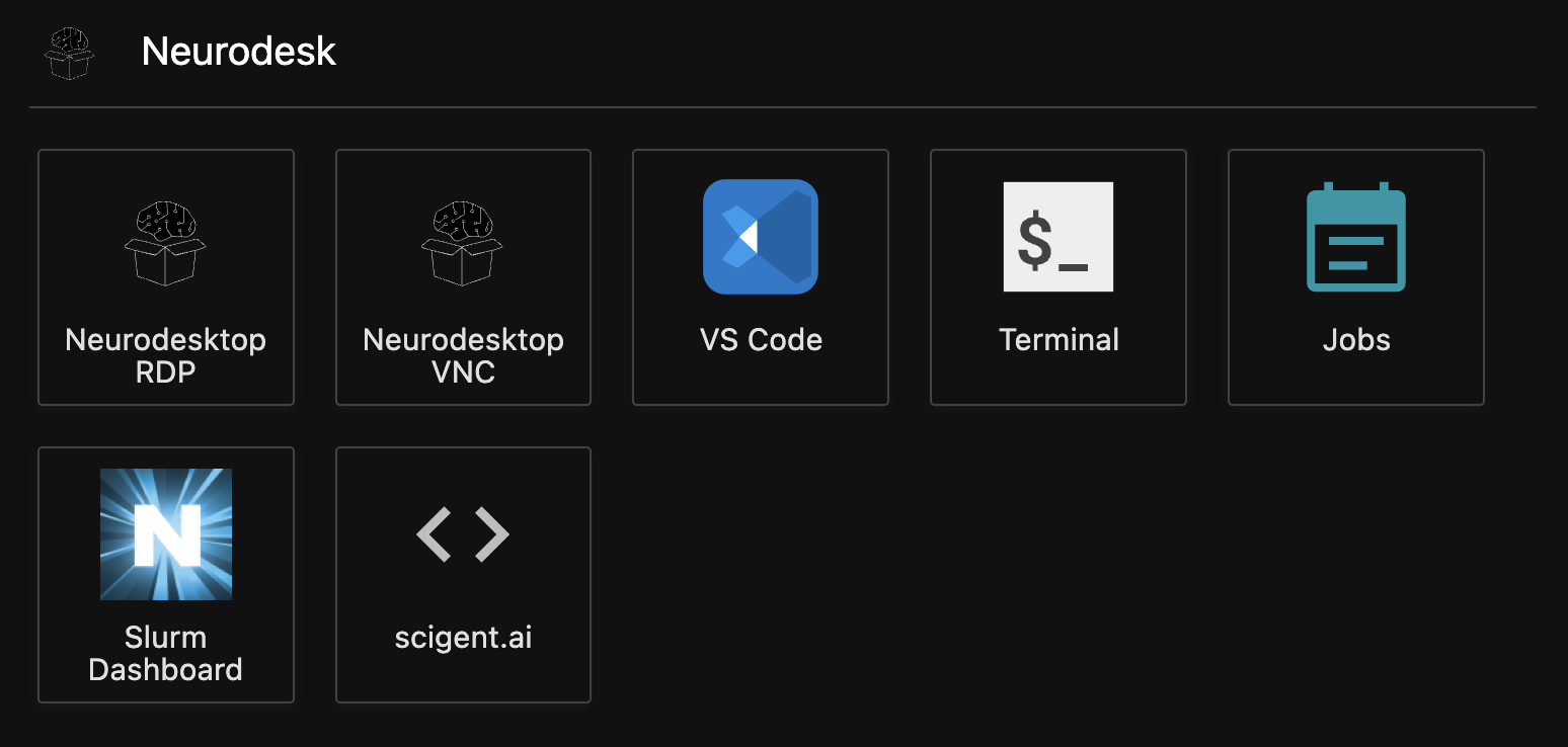 The scigent.ai tile in the Neurodesk section of the JupyterLab launcher