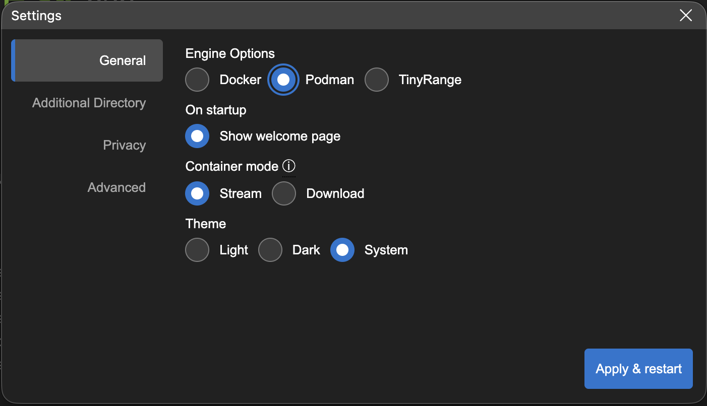 Neurodesk App General settings with Podman selected under Engine Options