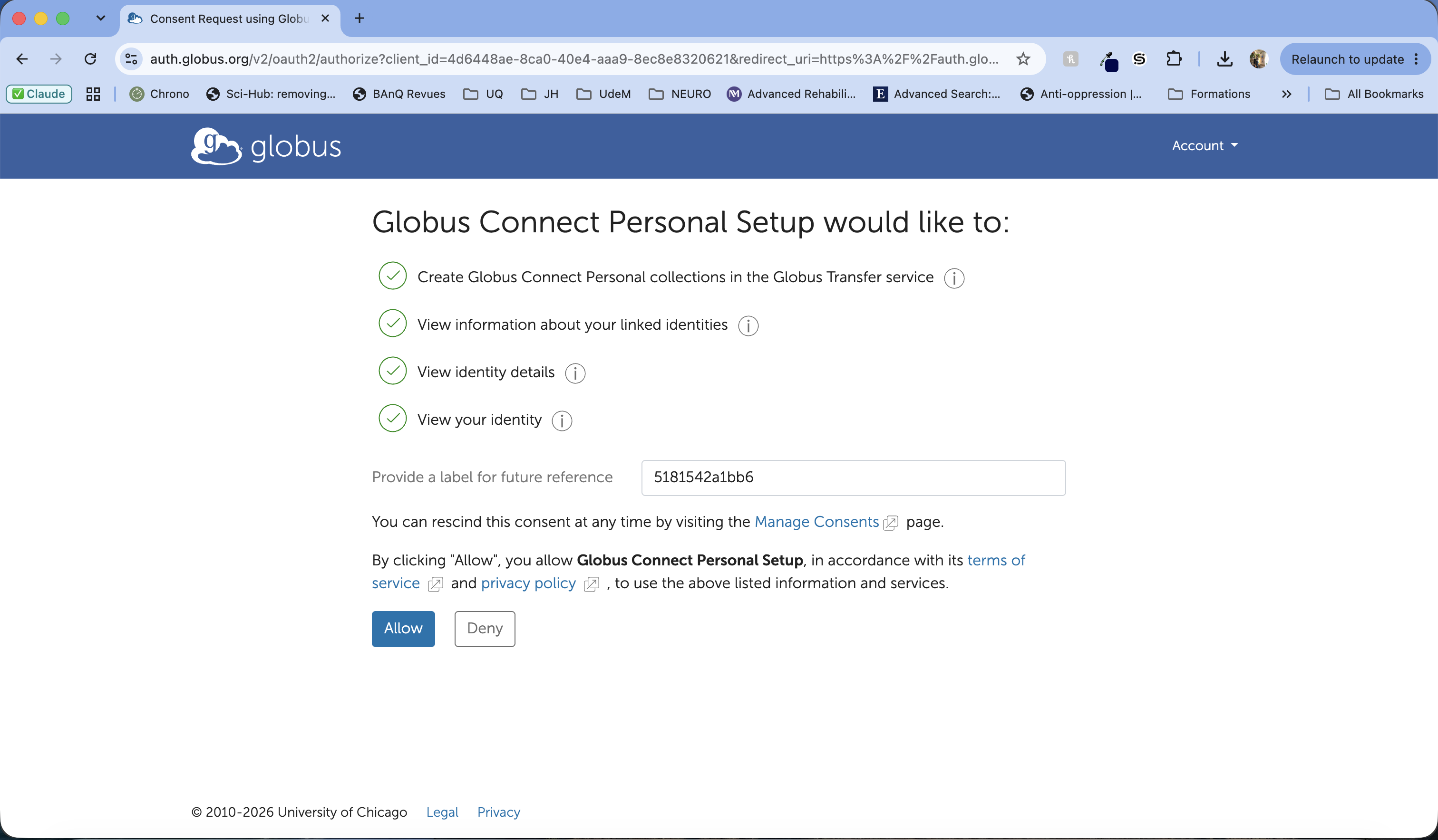 Globus consent page listing the permissions requested by Globus Connect Personal Setup