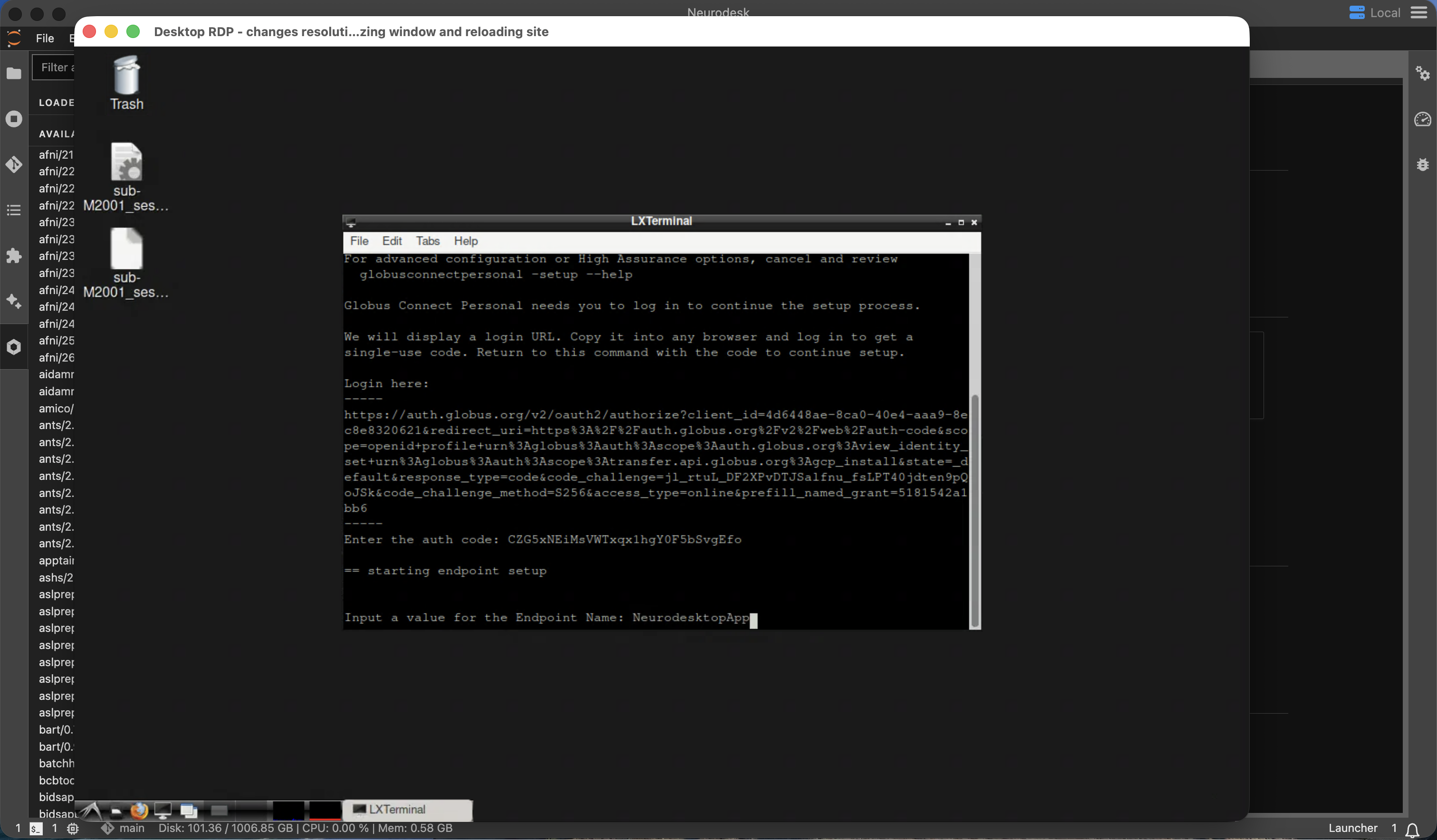 Neurodesktop terminal prompting for the Globus authorization code and endpoint name