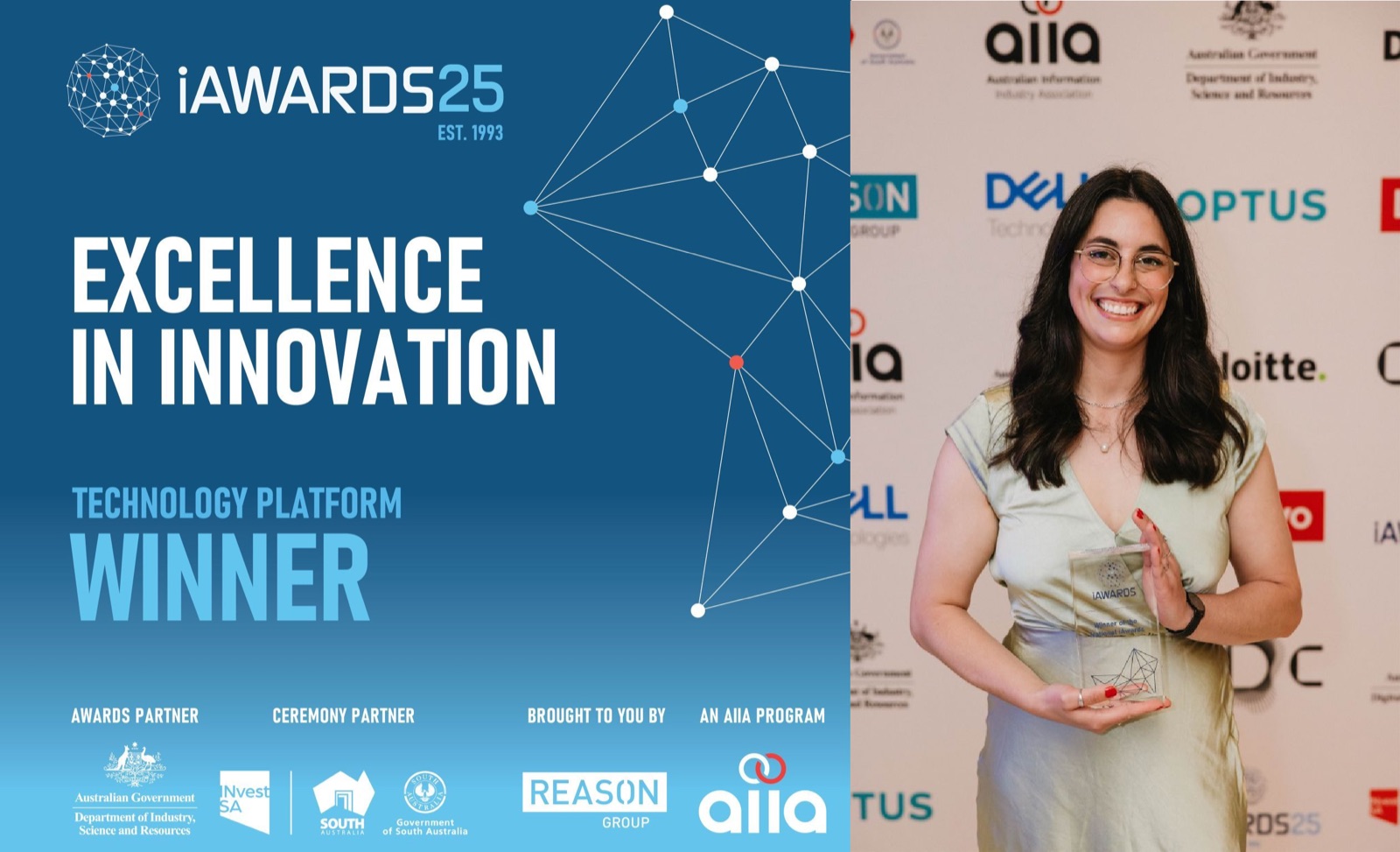 iAwards 2025 Technology Platform Winner graphic, with Dr Michèle Masson-Trottier holding the award trophy