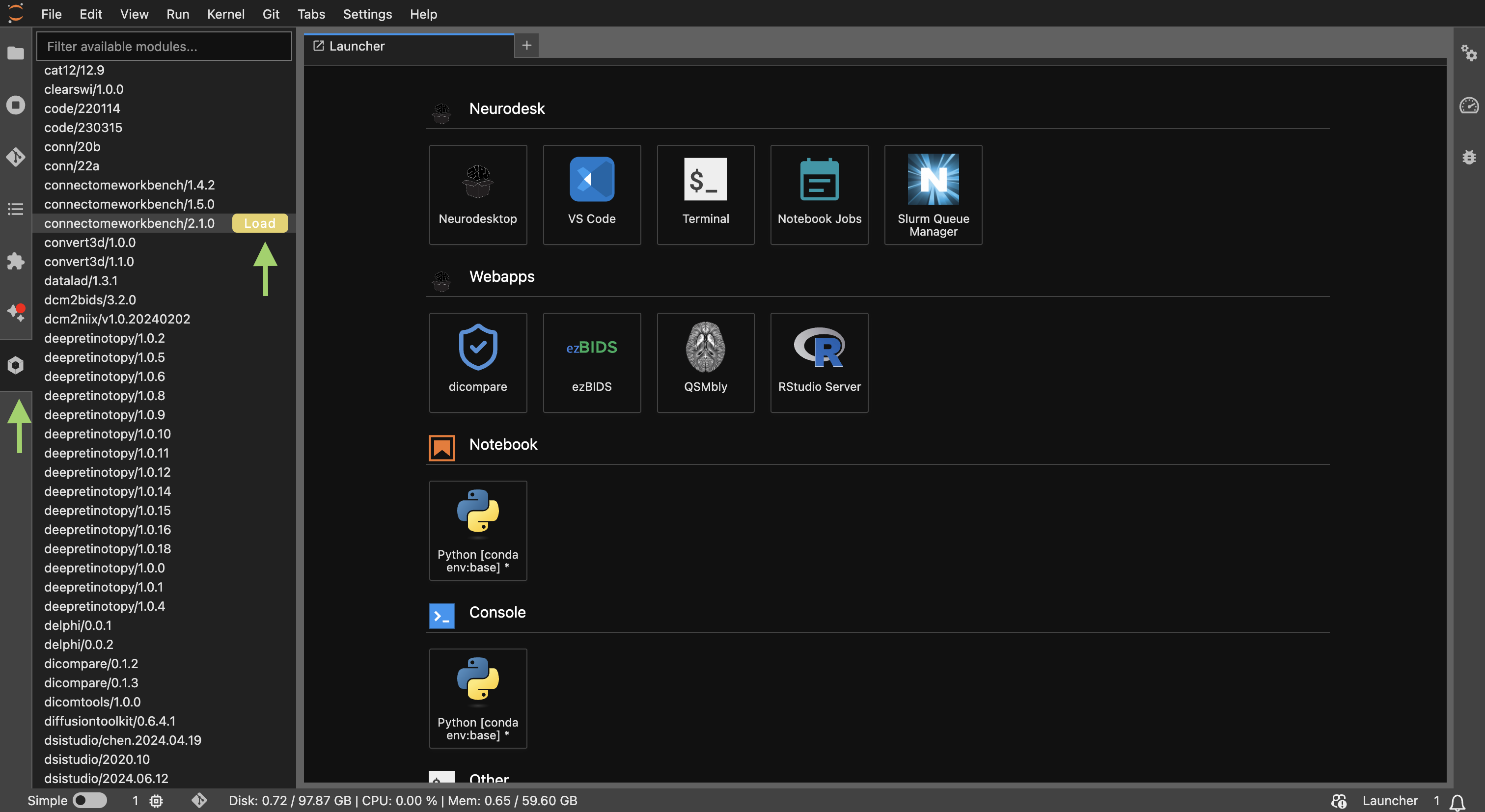 Neurodesk sidebar showing tool categories and available software