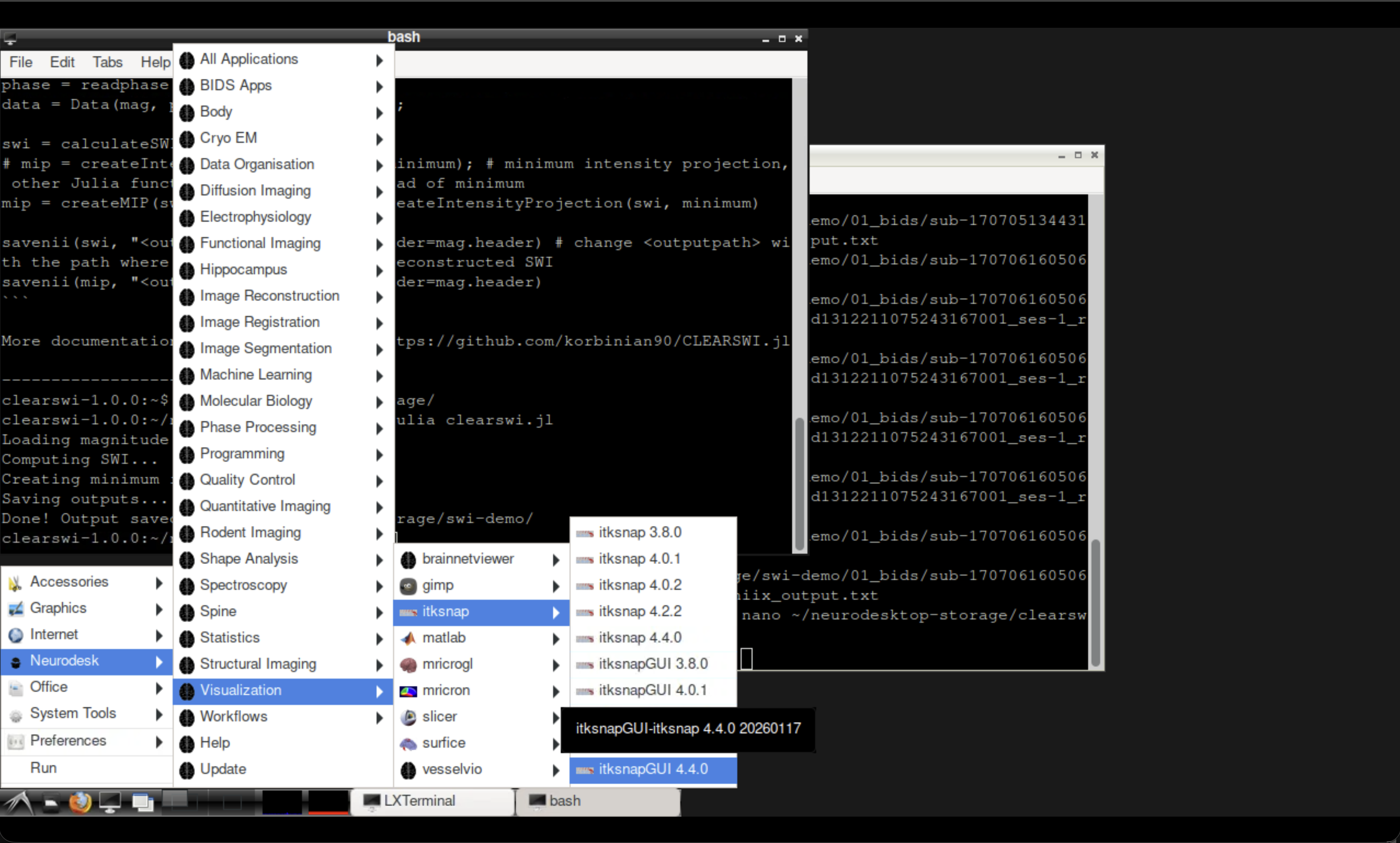 Opening ITK-SNAP from the Neurodesk Visualisation menu.