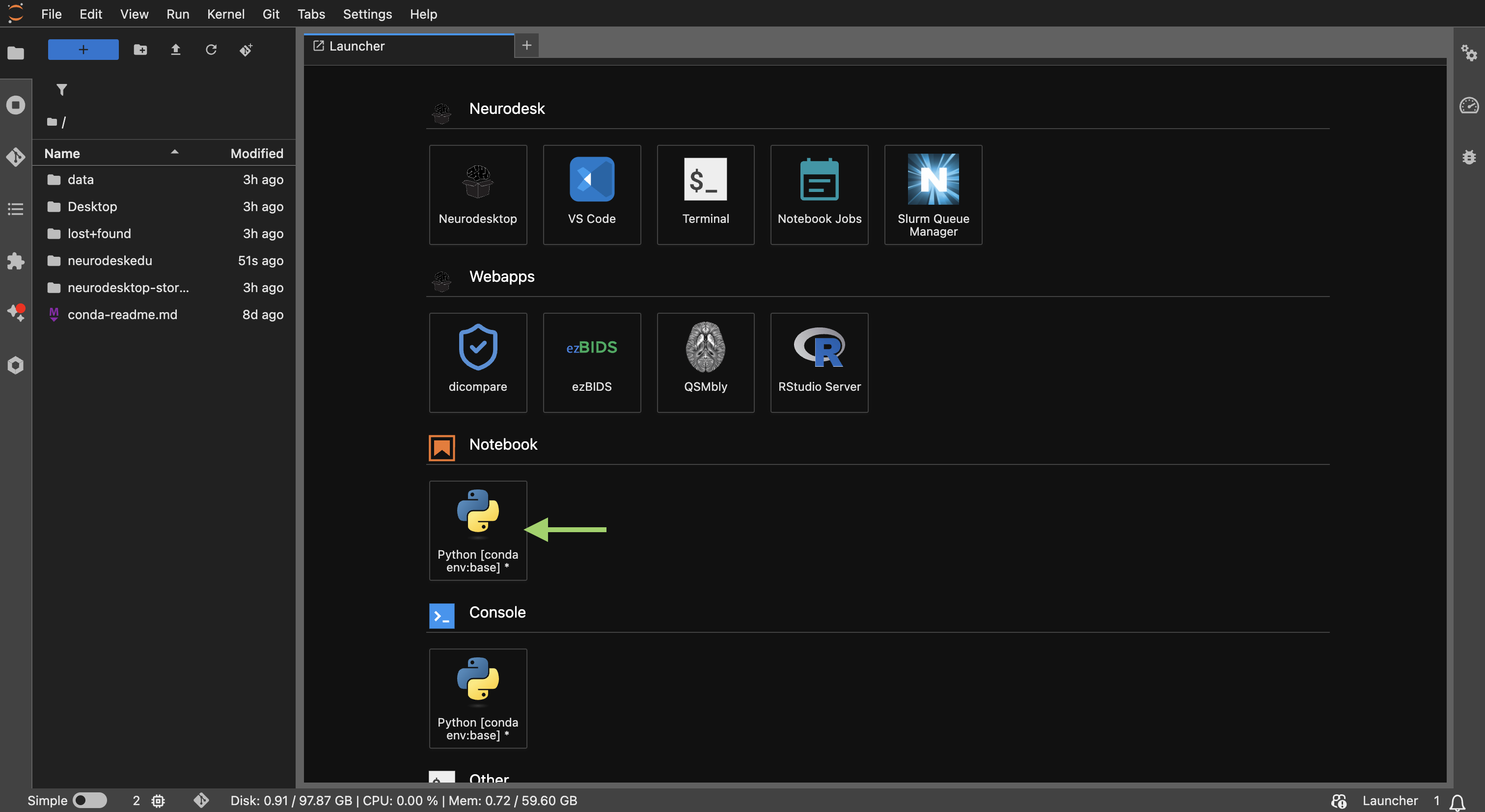 Neurodesk launcher window to open a new Jupyter Notebook