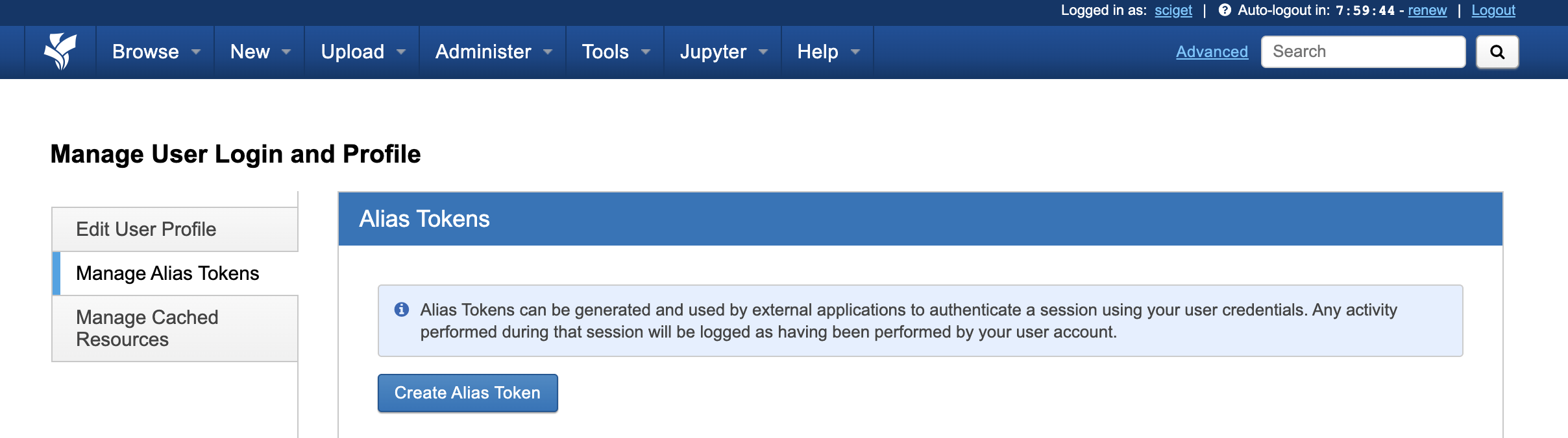 XNAT user profile page for creating and managing alias tokens
