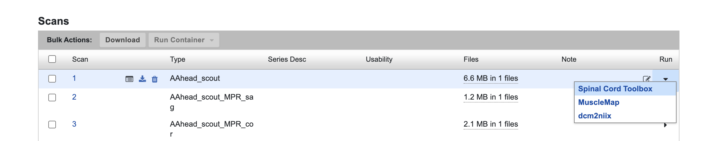 XNAT Scans table showing the series-level Run Container menu