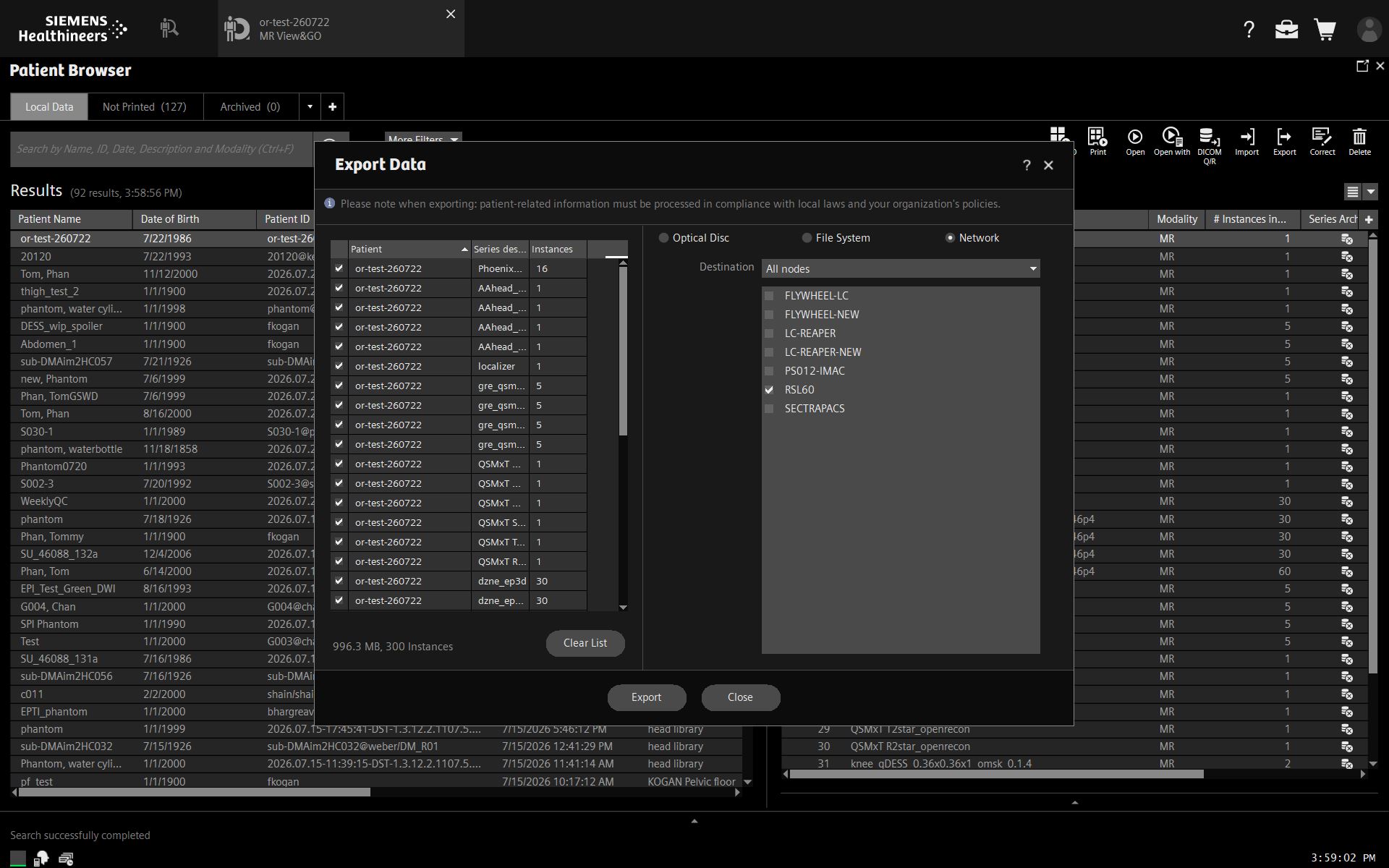 Scanner DICOM network transfer screen with RSL60 selected as the destination