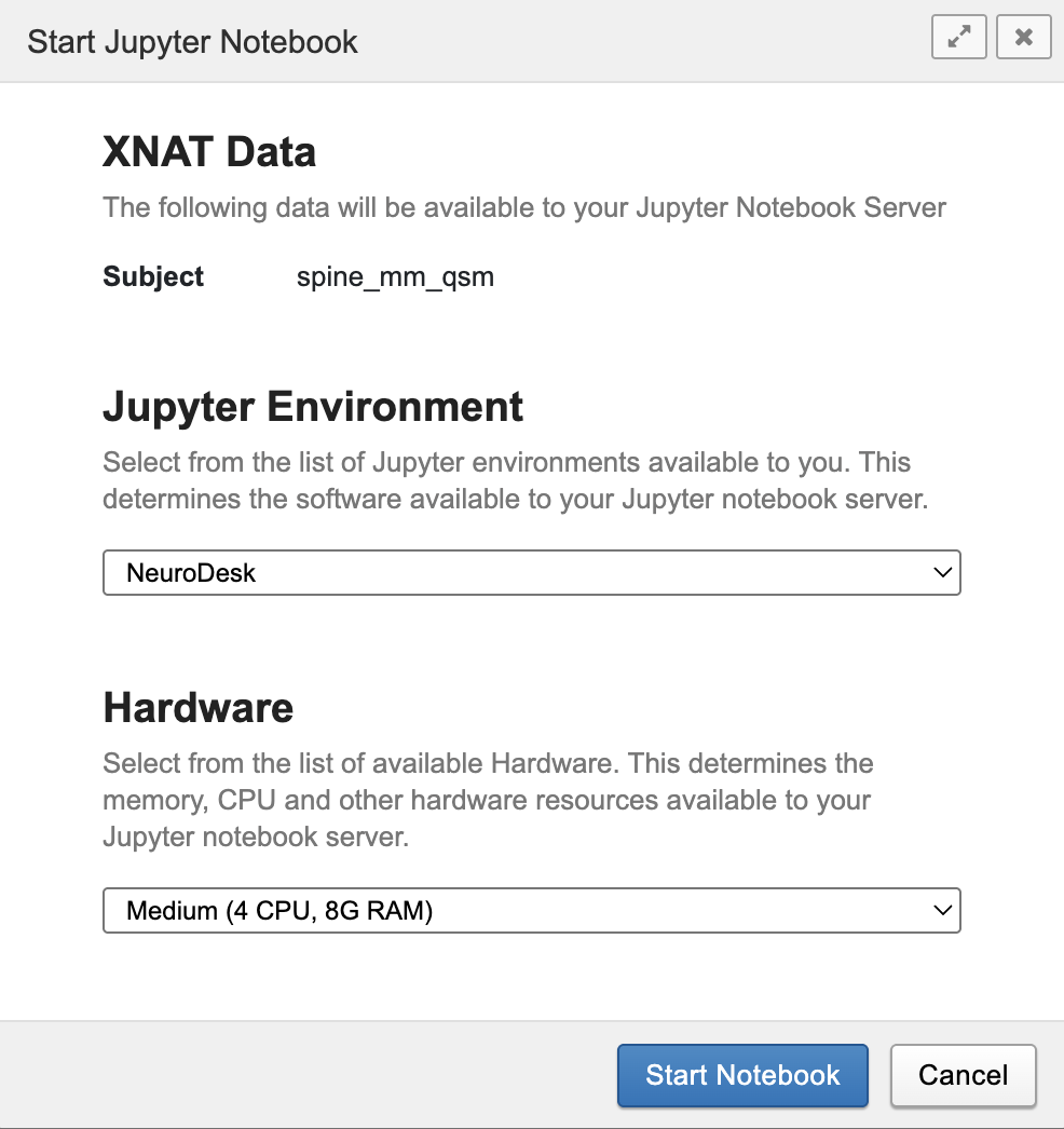 XNAT Start Jupyter Notebook dialog with NeuroDesk selected and hardware resource options