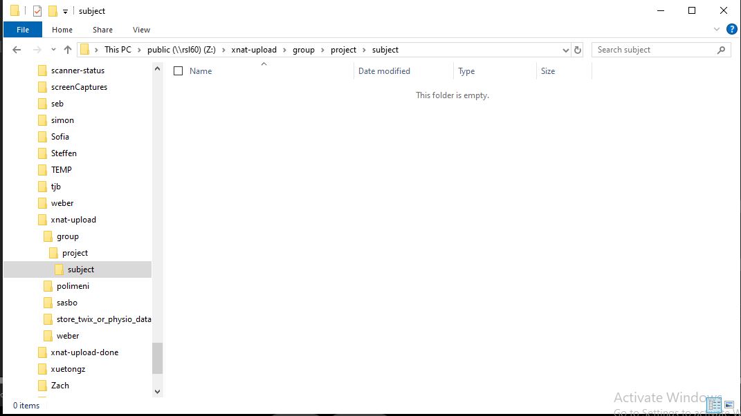 RSL60 public Samba share showing the xnat-upload owner, project, and subject directory structure
