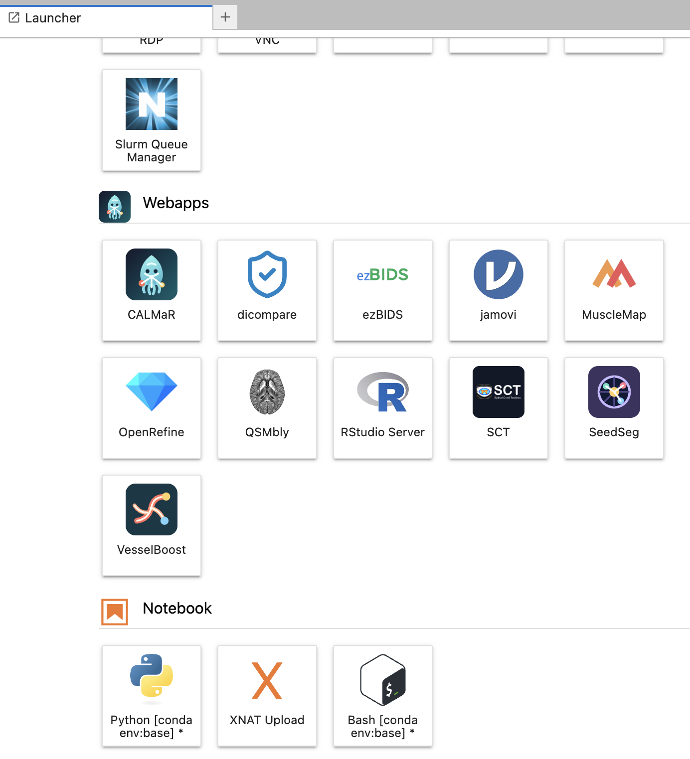 Neurodesk JupyterLab Launcher showing the XNAT Upload tile