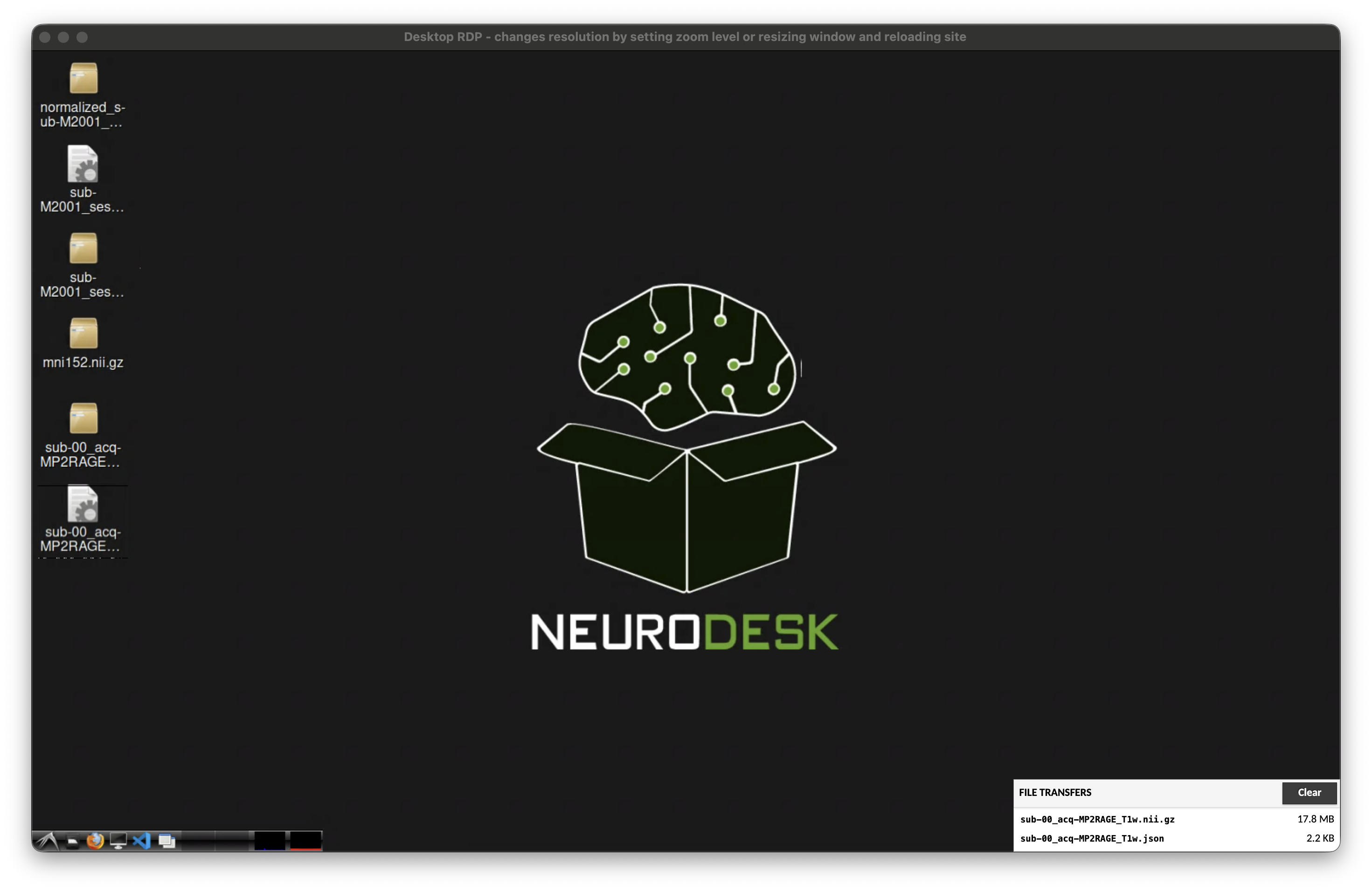 Neurodesktop desktop showing files being uploaded via drag-and-drop, with the File Transfers panel visible in the bottom-right corner