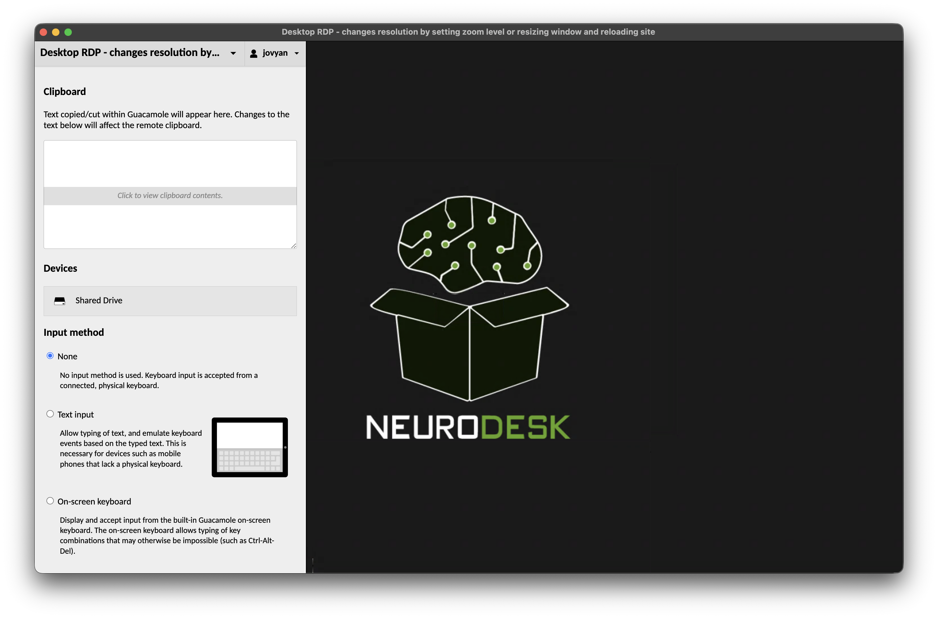 Guacamole side menu opened with CTRL-ALT-SHIFT, showing connection settings and the Shared Drive option