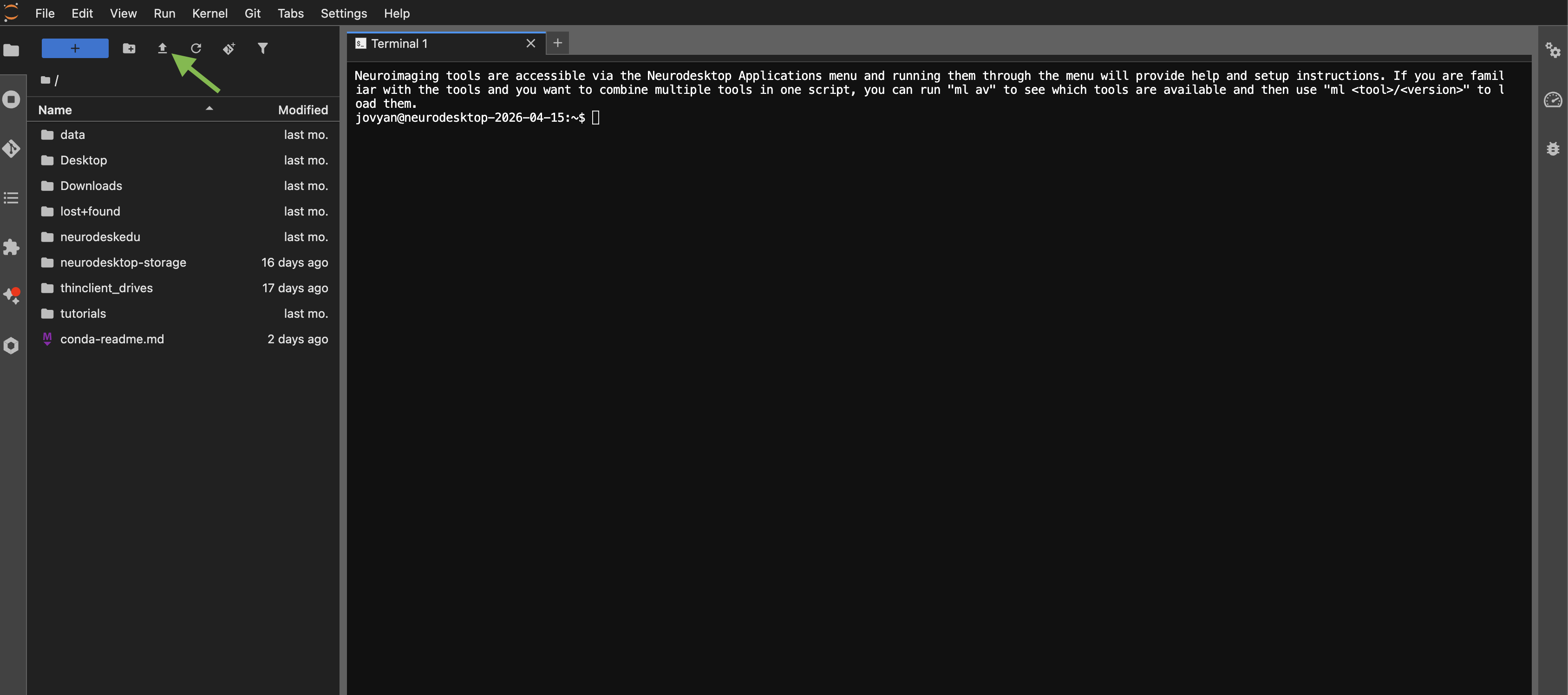 JupyterLab interface with an arrow highlighting the upload button in the file browser toolbar